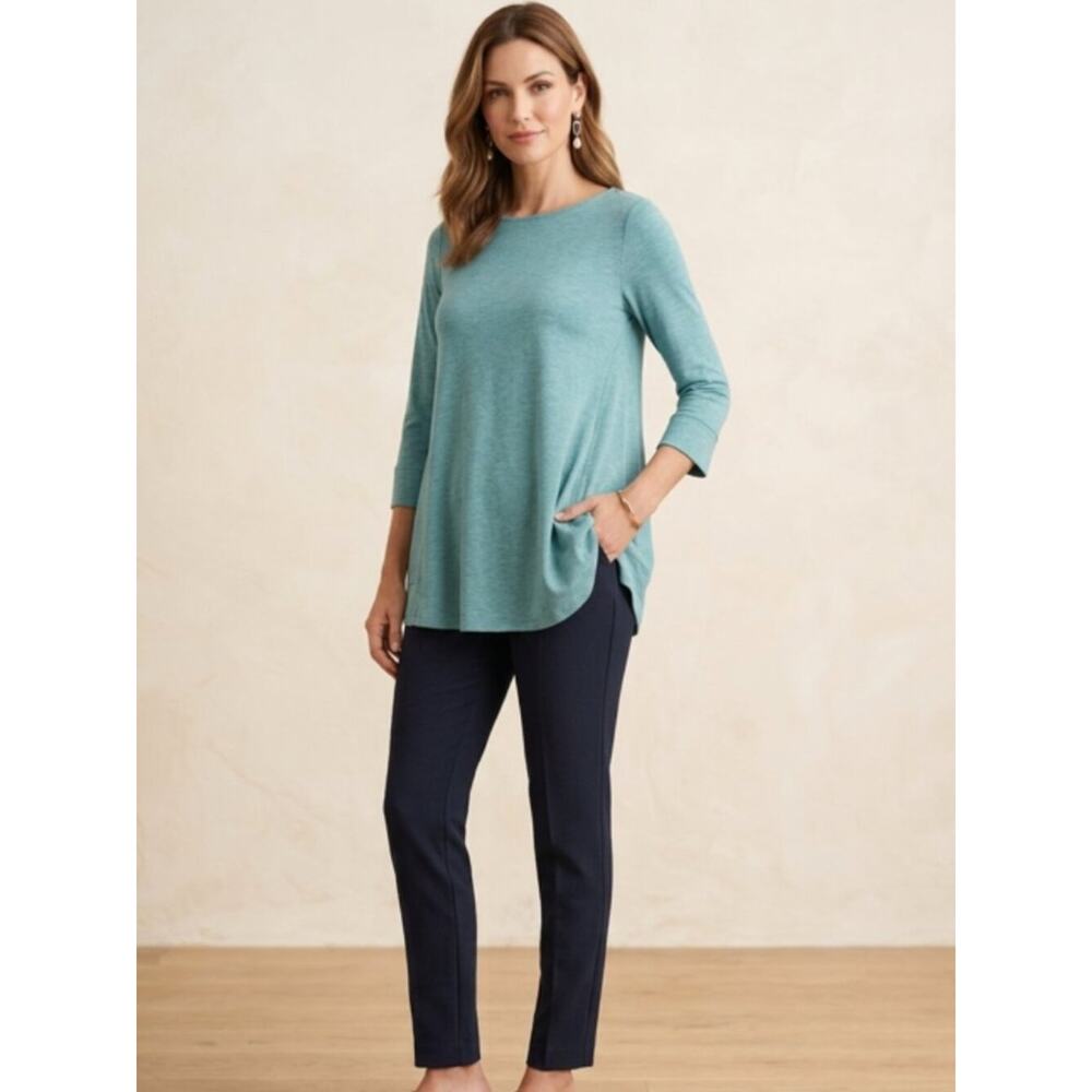 J JILL light turquoise blue 100% pima cotton boat neck tunic 3/4 sleeve top - Picture 2 of 6